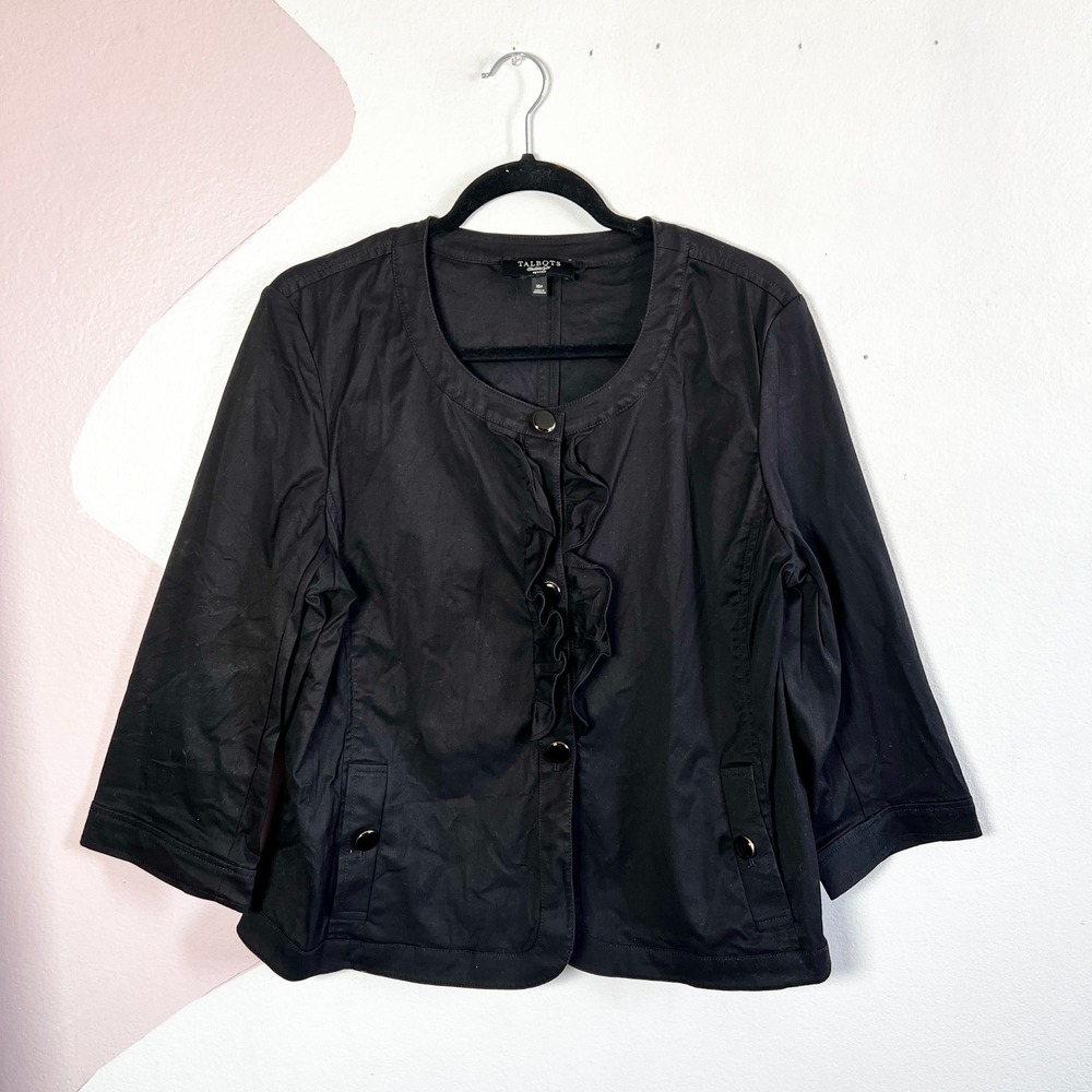 Talbots Jacket Womens 16P Button Up Ruffles Career Black Minimalist